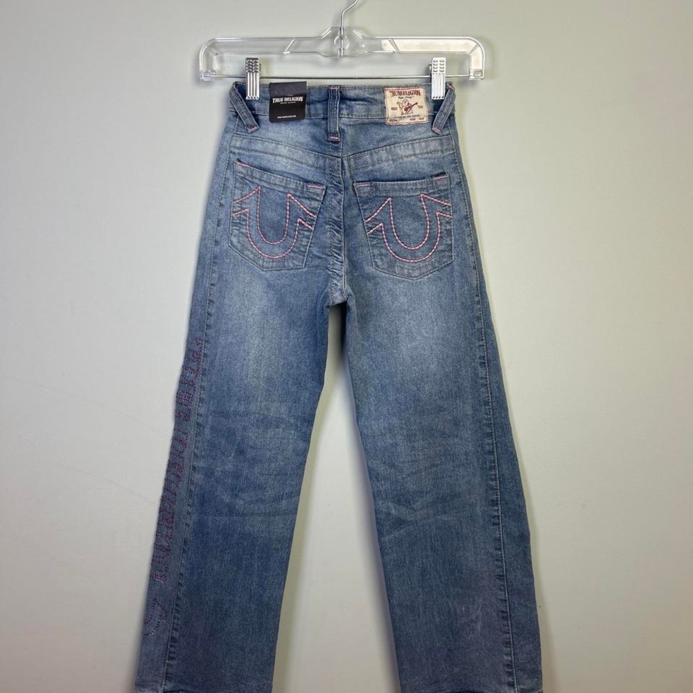 True Religion Leila Kids Blue Wide Leg Jeans Pink Rhinestone Logo Size 10 NWT - Picture 4 of 8